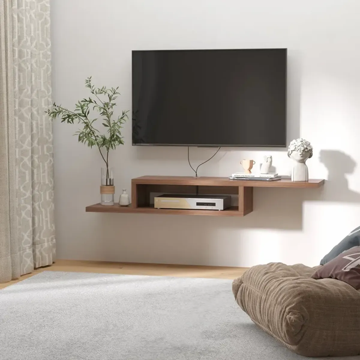 Walnut Media Center: Floating Wall-Mounted Entertainment Console