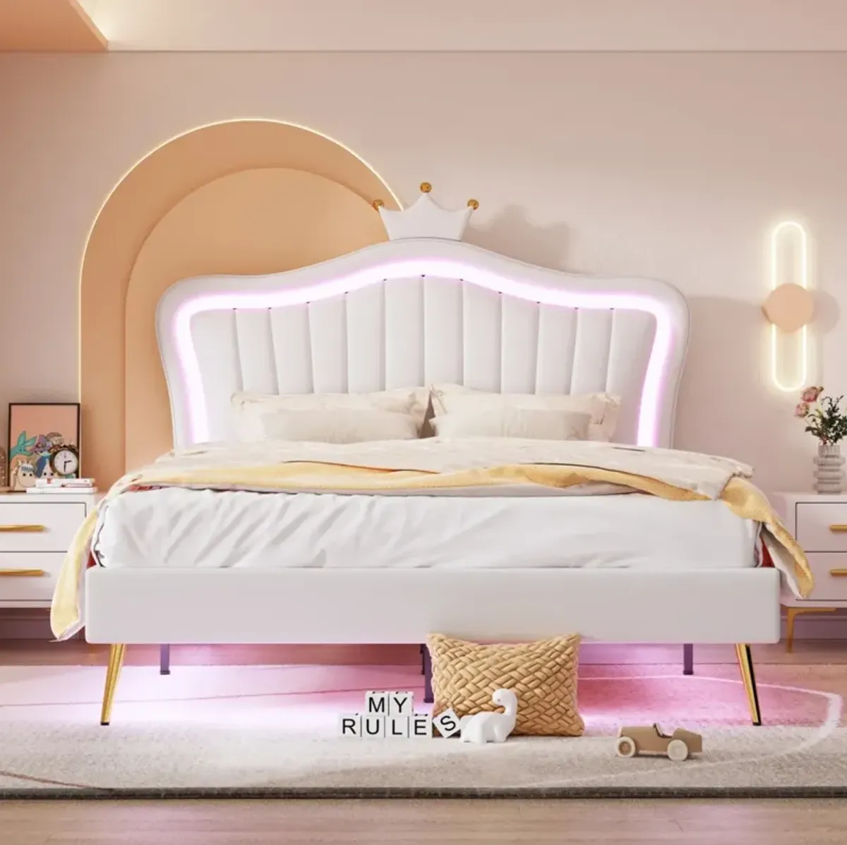 LED Upholstered Queen Bed with Crown Headboard