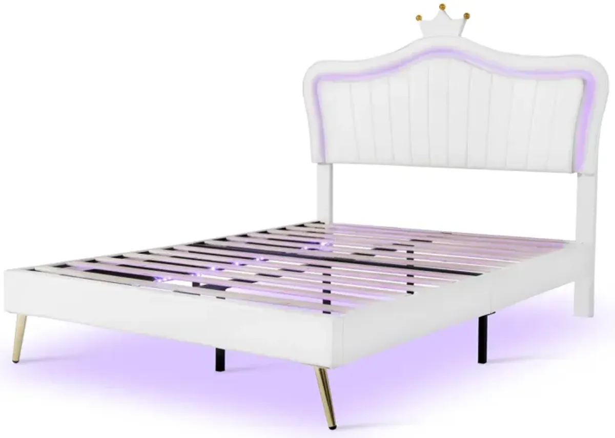 LED Upholstered Queen Bed with Crown Headboard