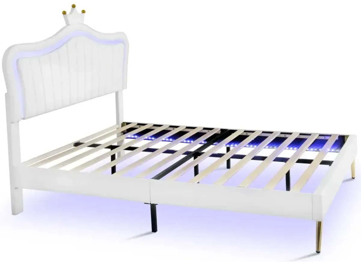 LED Upholstered Queen Bed with Crown Headboard