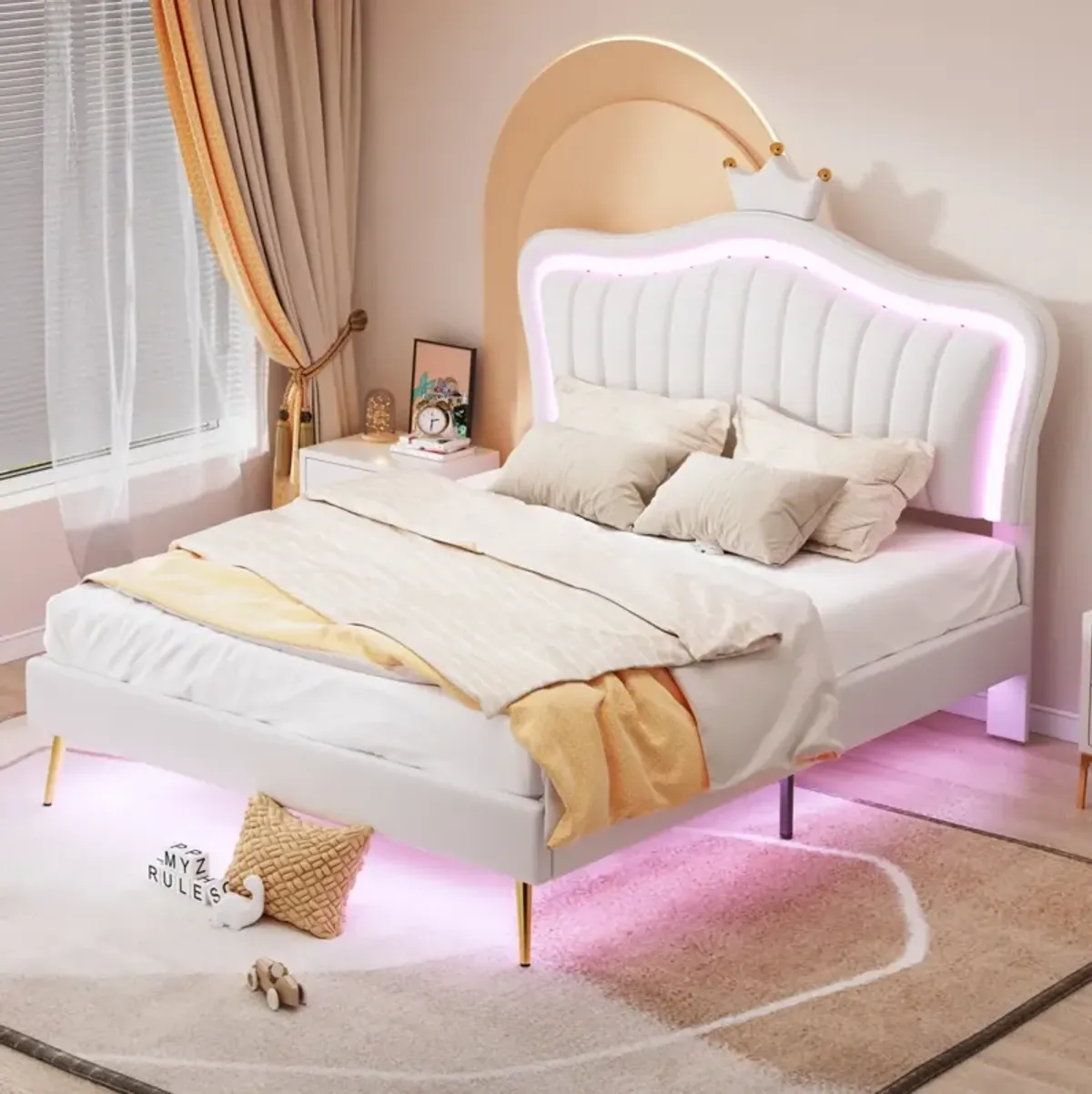 LED Upholstered Queen Bed with Crown Headboard