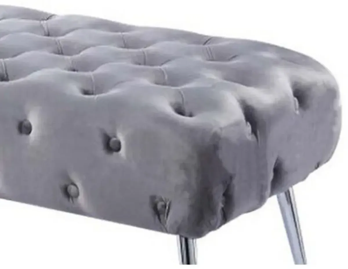 Rey 48 Inch Accent Bench, Tufted Gray Velvet Upholstery Padded Seat, Chrome - Benzara