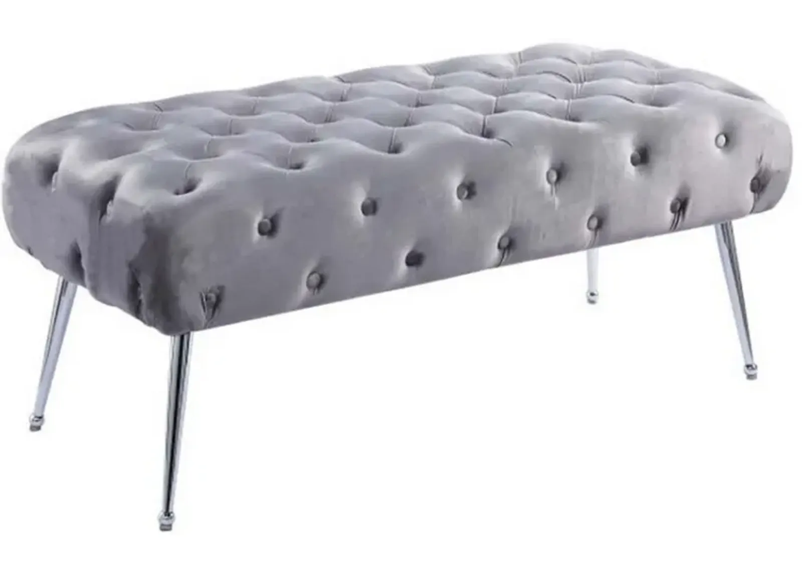 Rey 48 Inch Accent Bench, Tufted Gray Velvet Upholstery Padded Seat, Chrome - Benzara