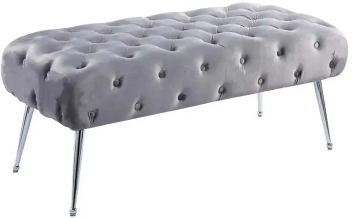 Rey 48 Inch Accent Bench, Tufted Gray Velvet Upholstery Padded Seat, Chrome - Benzara