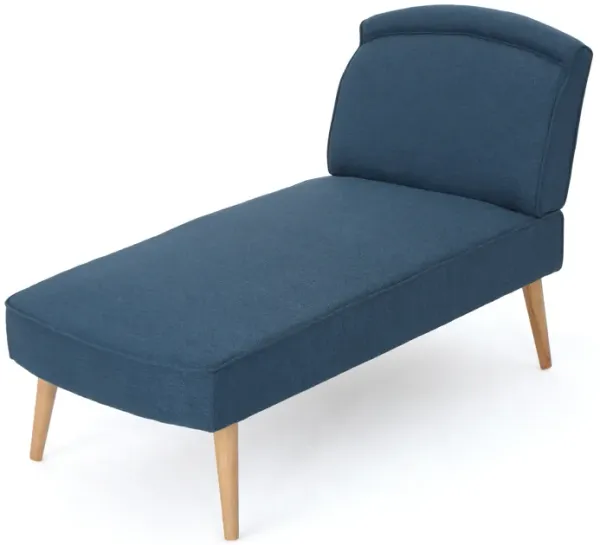 Chaise Lounger, 57 Inch, Modern, Brown Wood Frame, Navy Blue Fabric