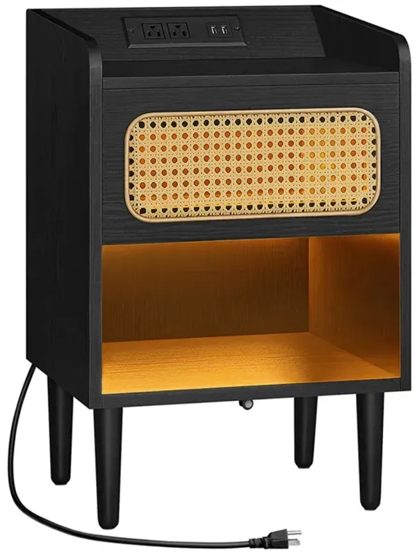 Ada 24 Inch Nightstand, Woven Drawer and Light, 1 Open Shelf, Black - Benzara