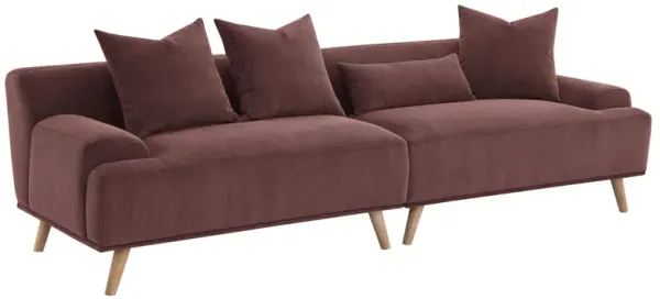 Beno Long Sofa, 103 Inch, Retro Burgundy Red Corduroy, 4 Throw Pillows - Benzara