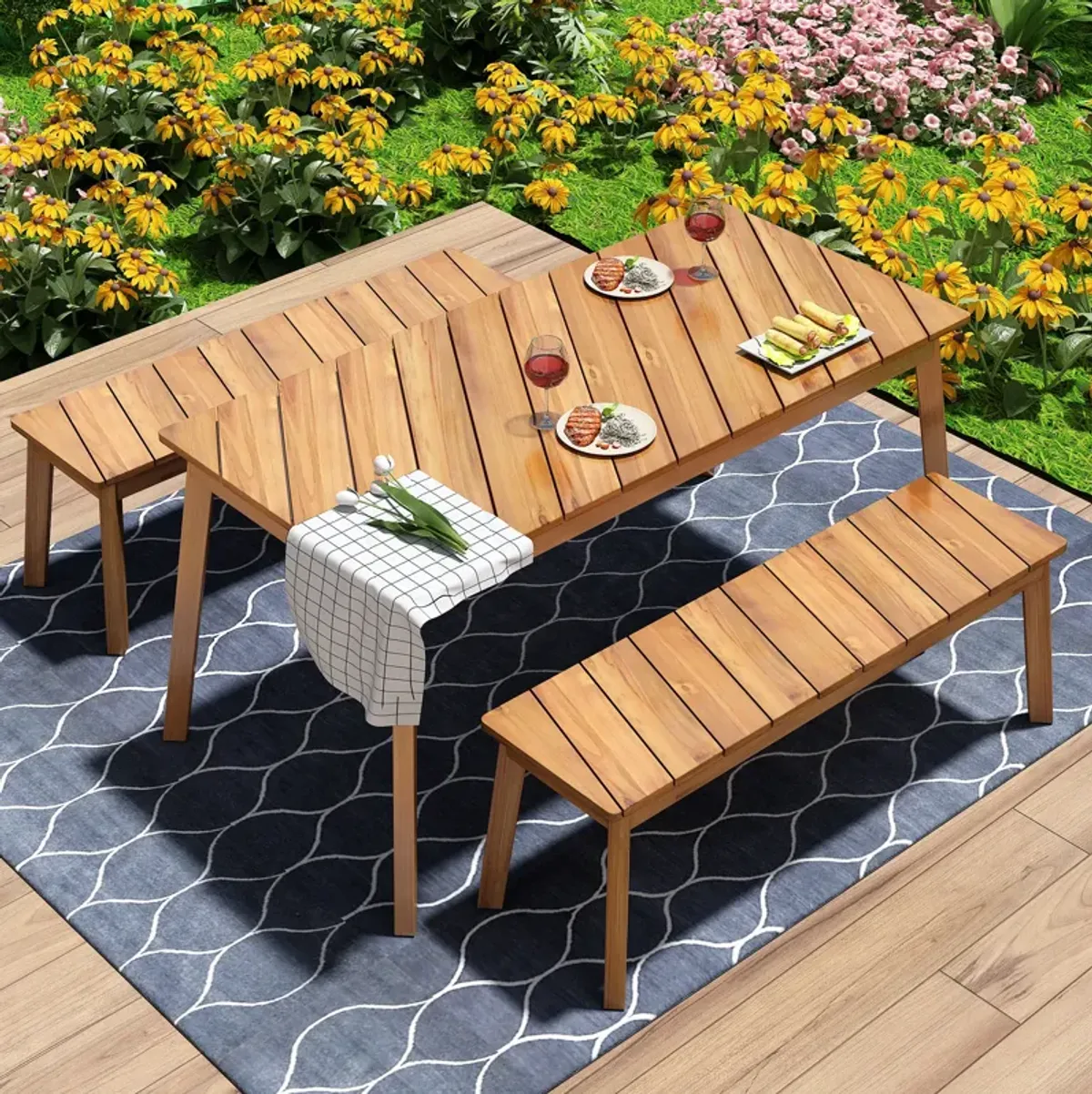 Merax 3 Pieces Acacia Wood Table Bench Dining Set