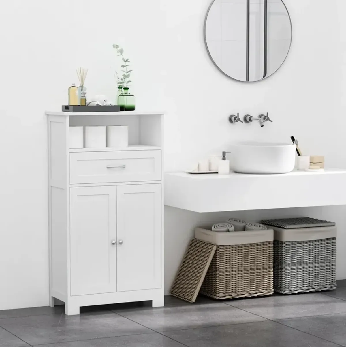 White Bathroom Vanity: Small Freestanding Medicine Cabinet with Adjustable Shelf