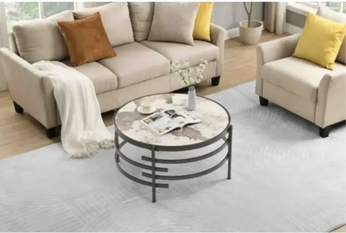 32.48'' Round Coffee Table With Sintered Stone Top&Sturdy Metal Frame, Modern Coffee Table for Living Room, Darker Gray