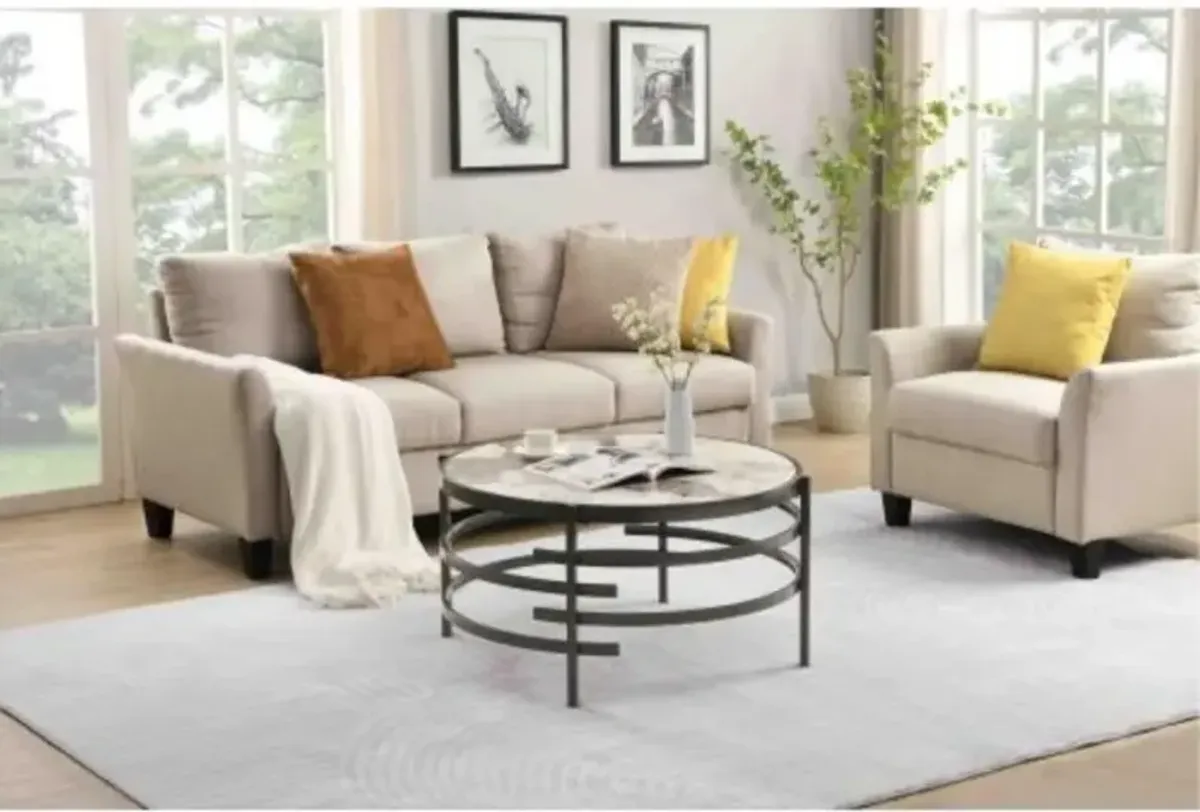 32.48'' Round Coffee Table With Sintered Stone Top&Sturdy Metal Frame, Modern Coffee Table for Living Room, Darker Gray