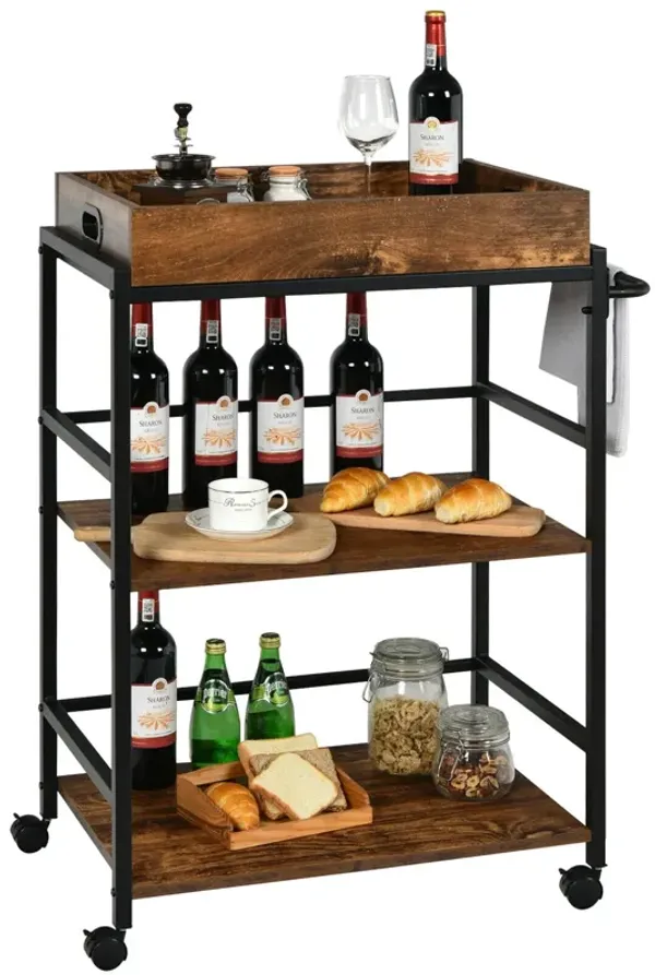 3-Tier Kitchen Serving Bar Cart with Lockable Casters and Handle Rack for Home Pub-Rustic Brown