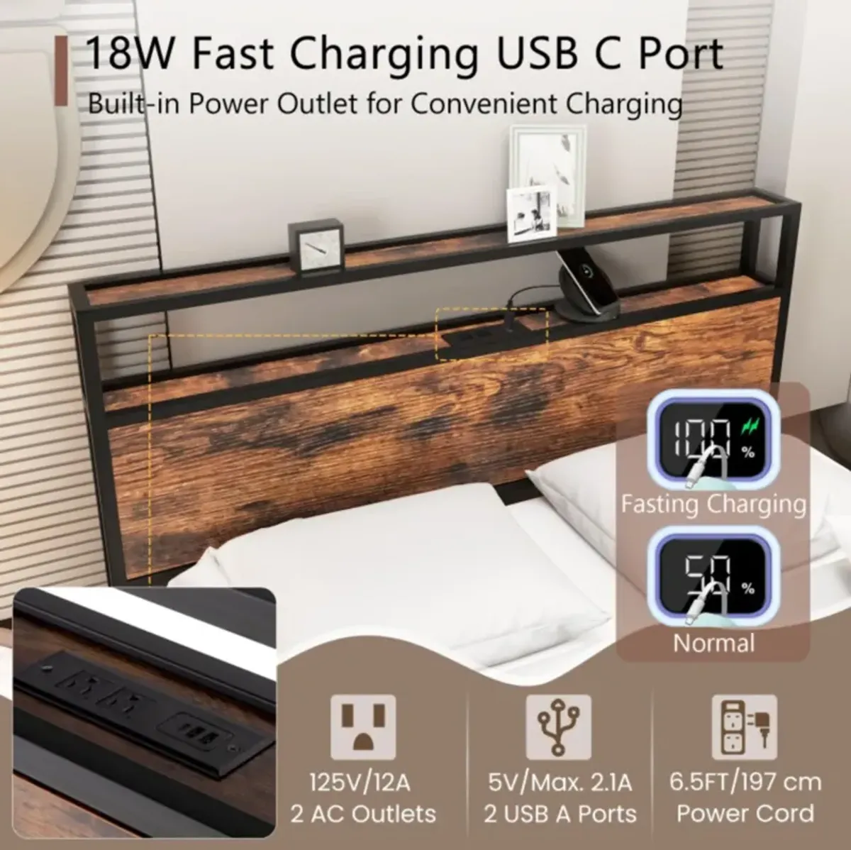 Hivvago Twin/Full/Queen Bed Frame with Storage Headboard and Charging Station