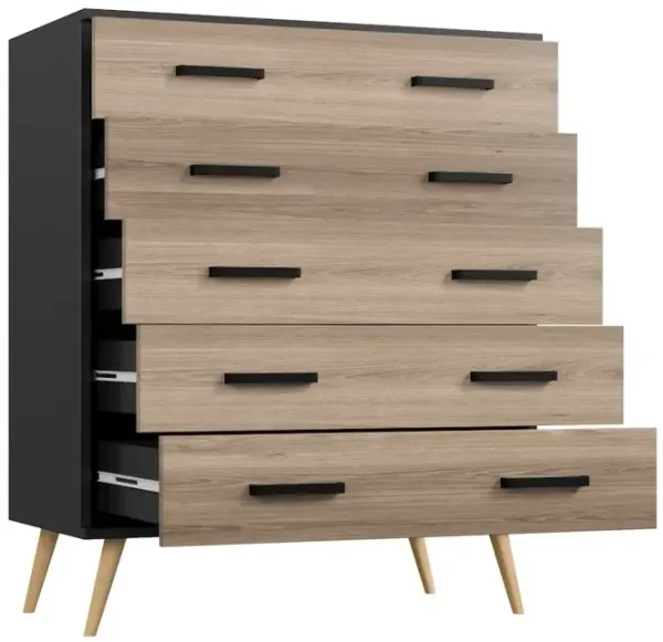 Eli Mid-Century Modern 5 Drawer Chest in Black &Sonoma Oak Color