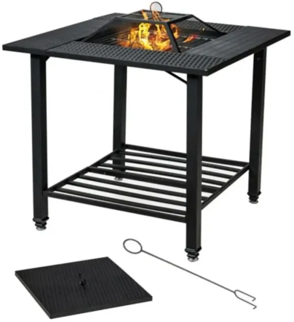 Multi-Functional Square Fire Pit with Grill, Ice Bucket, and Tabletop