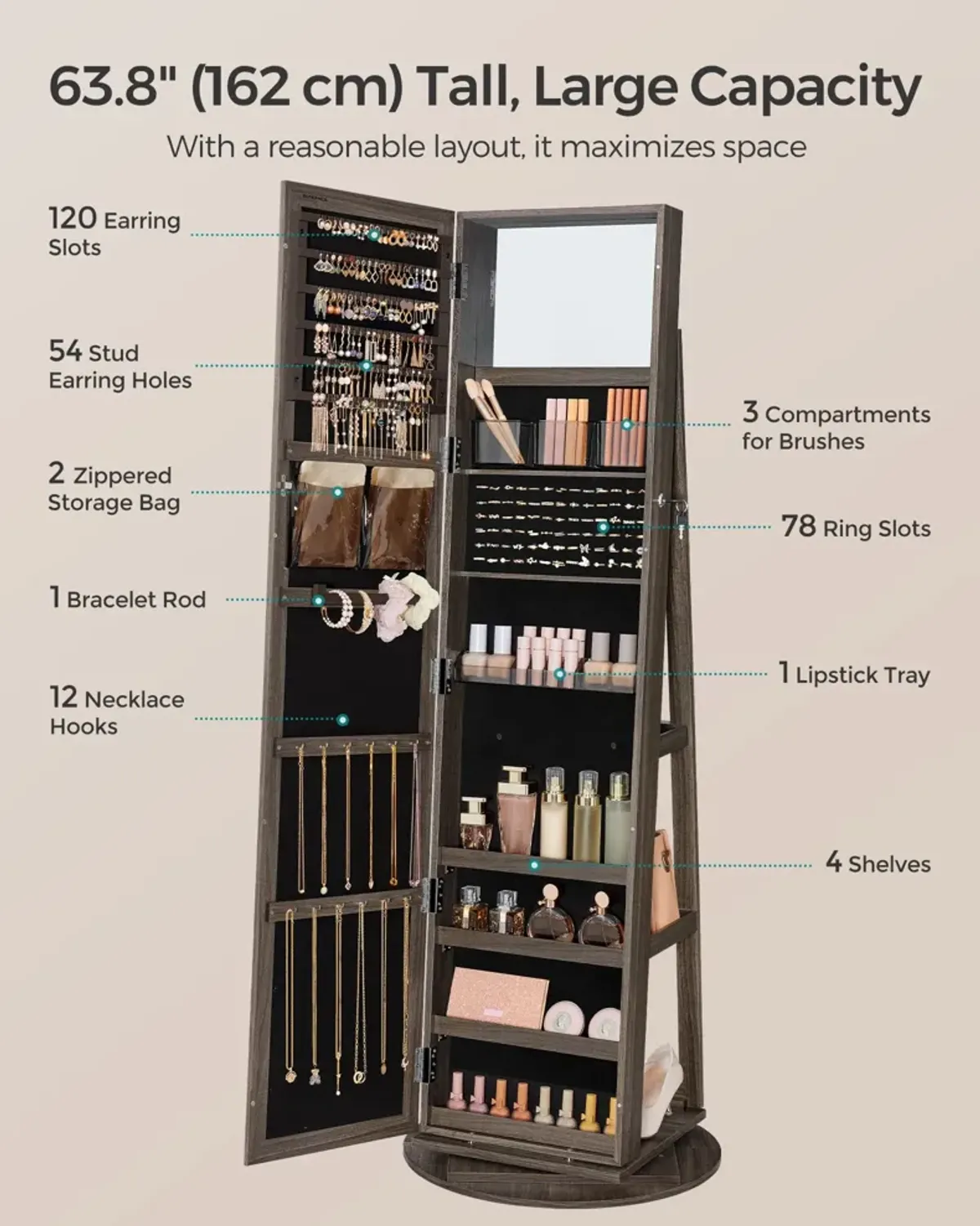 360° Swivel Lockable Jewelry Cabinet with Full-Length Mirror, Rear Storage Shelves, and Built-In Small Mirror