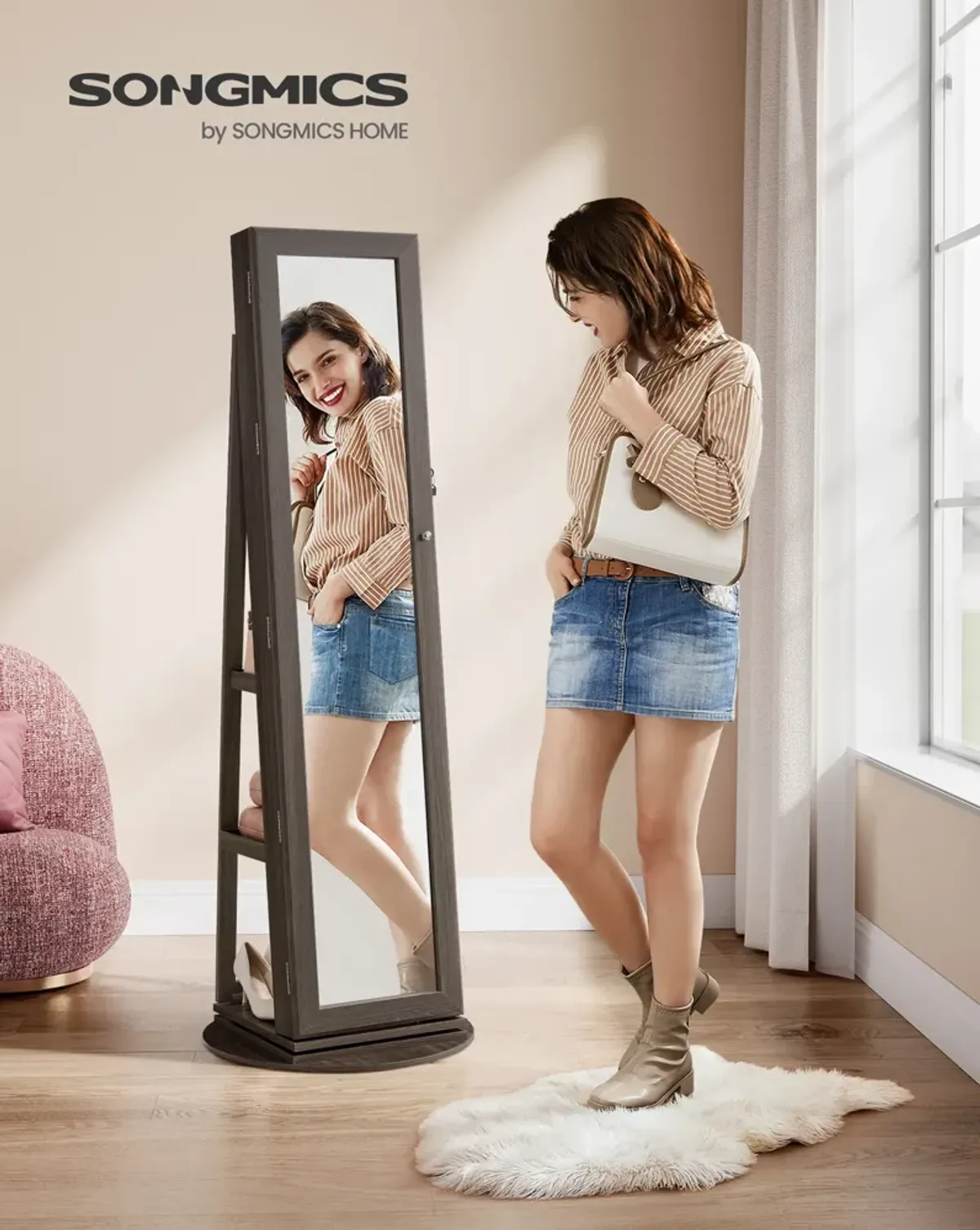 360° Swivel Lockable Jewelry Cabinet with Full-Length Mirror, Rear Storage Shelves, and Built-In Small Mirror