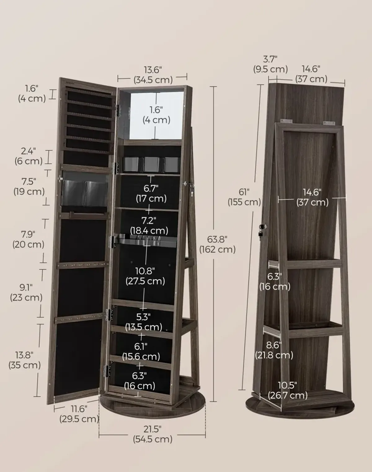 360° Swivel Lockable Jewelry Cabinet with Full-Length Mirror, Rear Storage Shelves, and Built-In Small Mirror