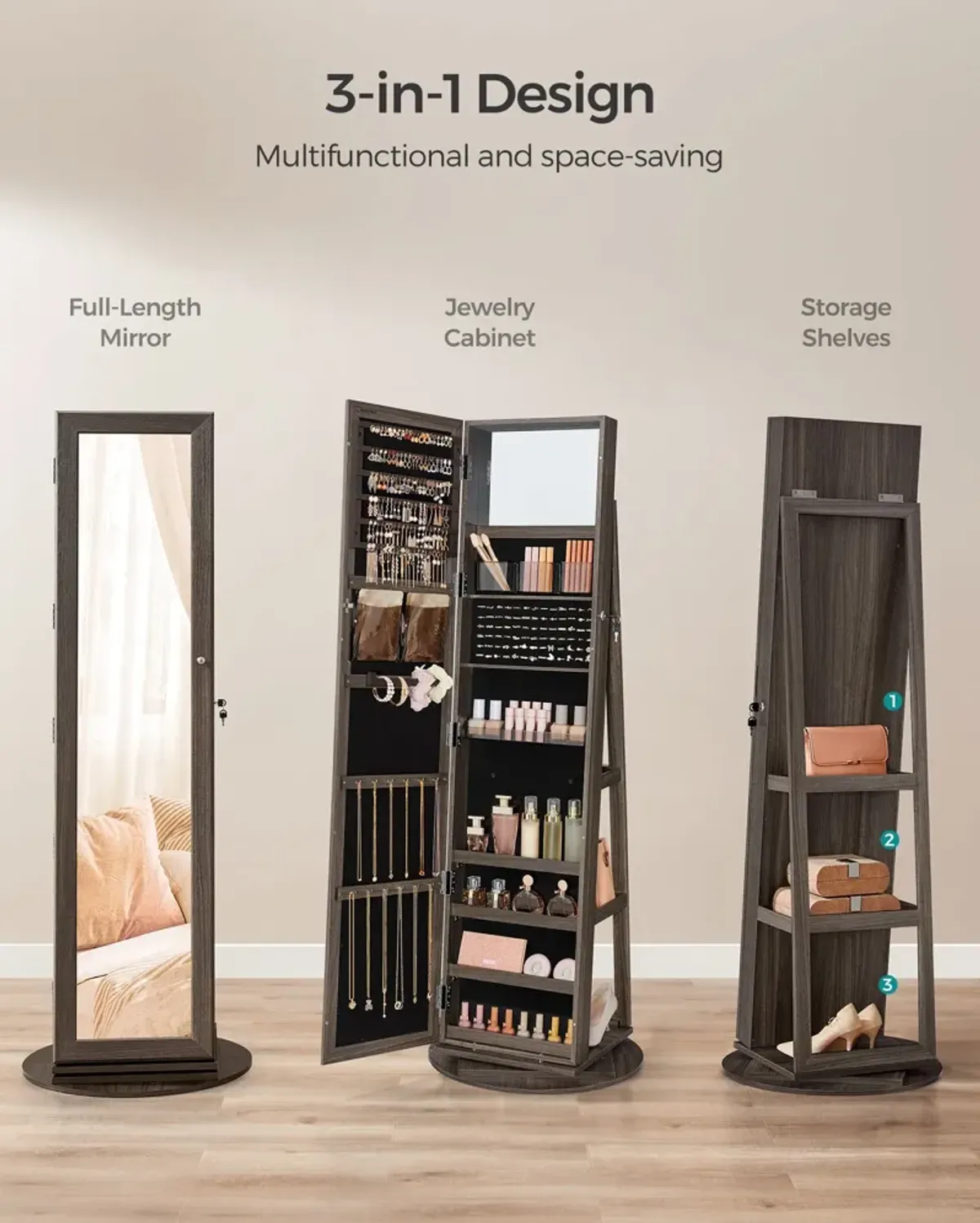 360° Swivel Lockable Jewelry Cabinet with Full-Length Mirror, Rear Storage Shelves, and Built-In Small Mirror