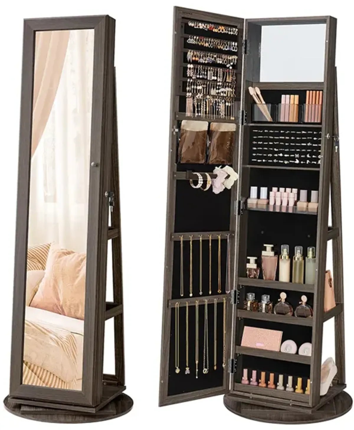 360° Swivel Lockable Jewelry Cabinet with Full-Length Mirror, Rear Storage Shelves, and Built-In Small Mirror