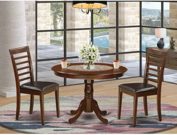 3 Pc set with a Round Dinette Table and 2 Leather Dinette Chairs in Mahogany