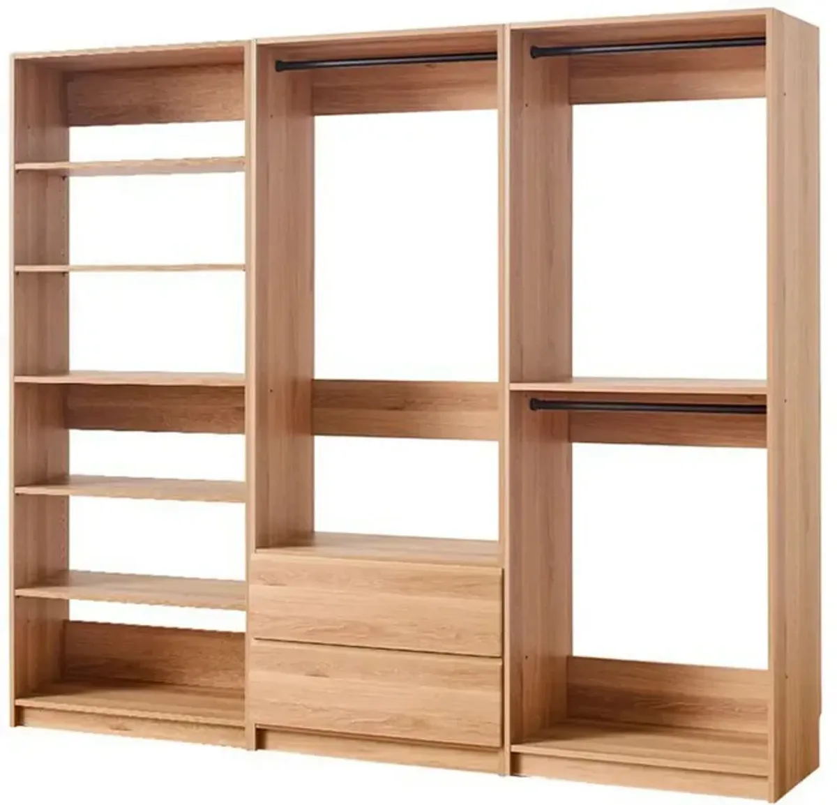 Dee Modular Closet System, 5 Floating Shelves, 2 Drawers, Oak Brown Wood - Benzara