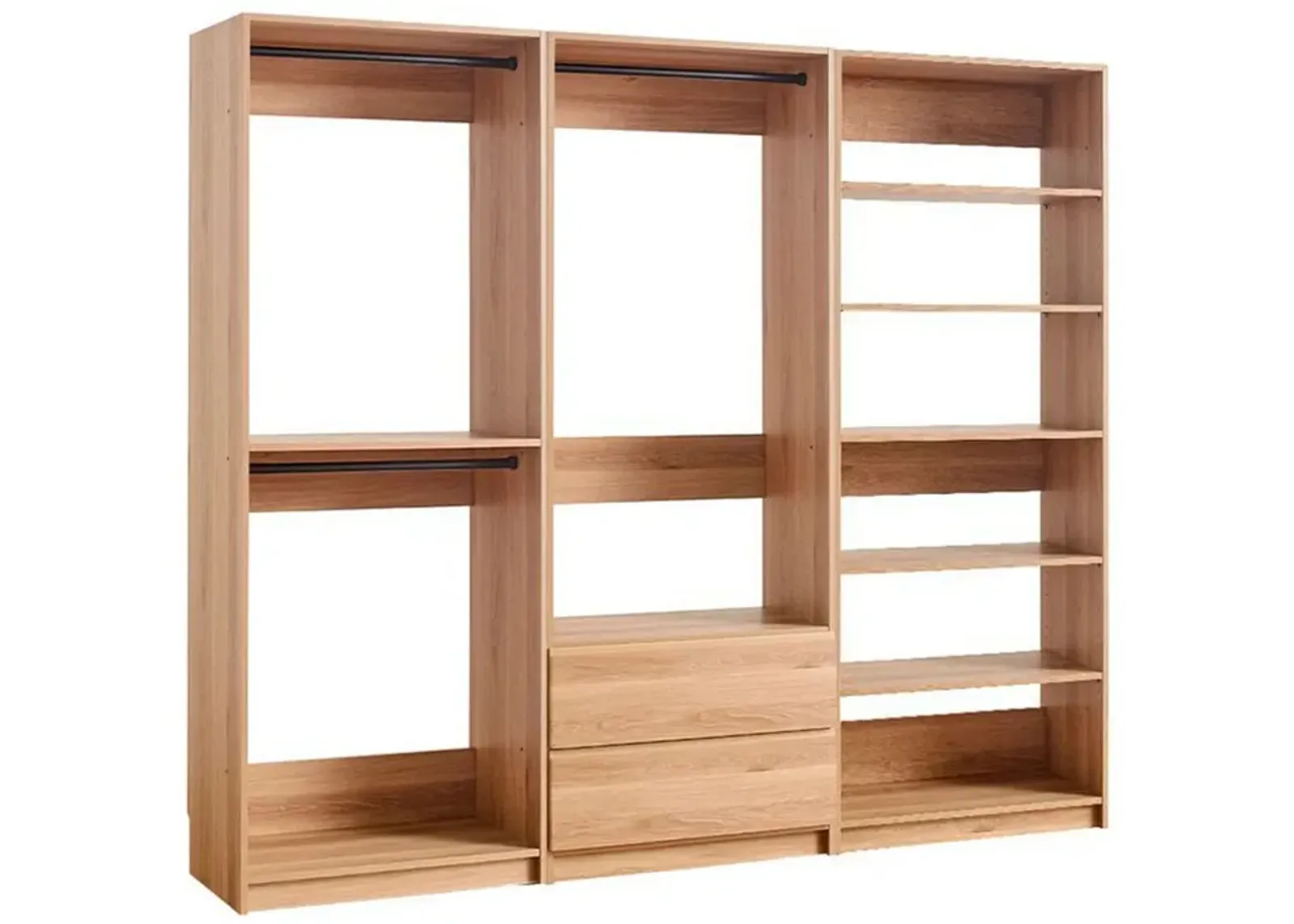 Dee Modular Closet System, 5 Floating Shelves, 2 Drawers, Oak Brown Wood - Benzara