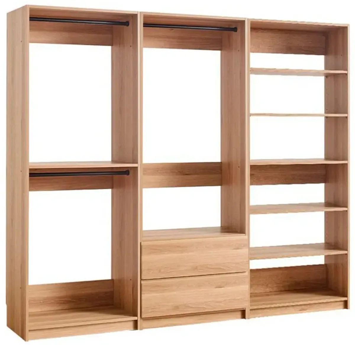 Dee Modular Closet System, 5 Floating Shelves, 2 Drawers, Oak Brown Wood - Benzara