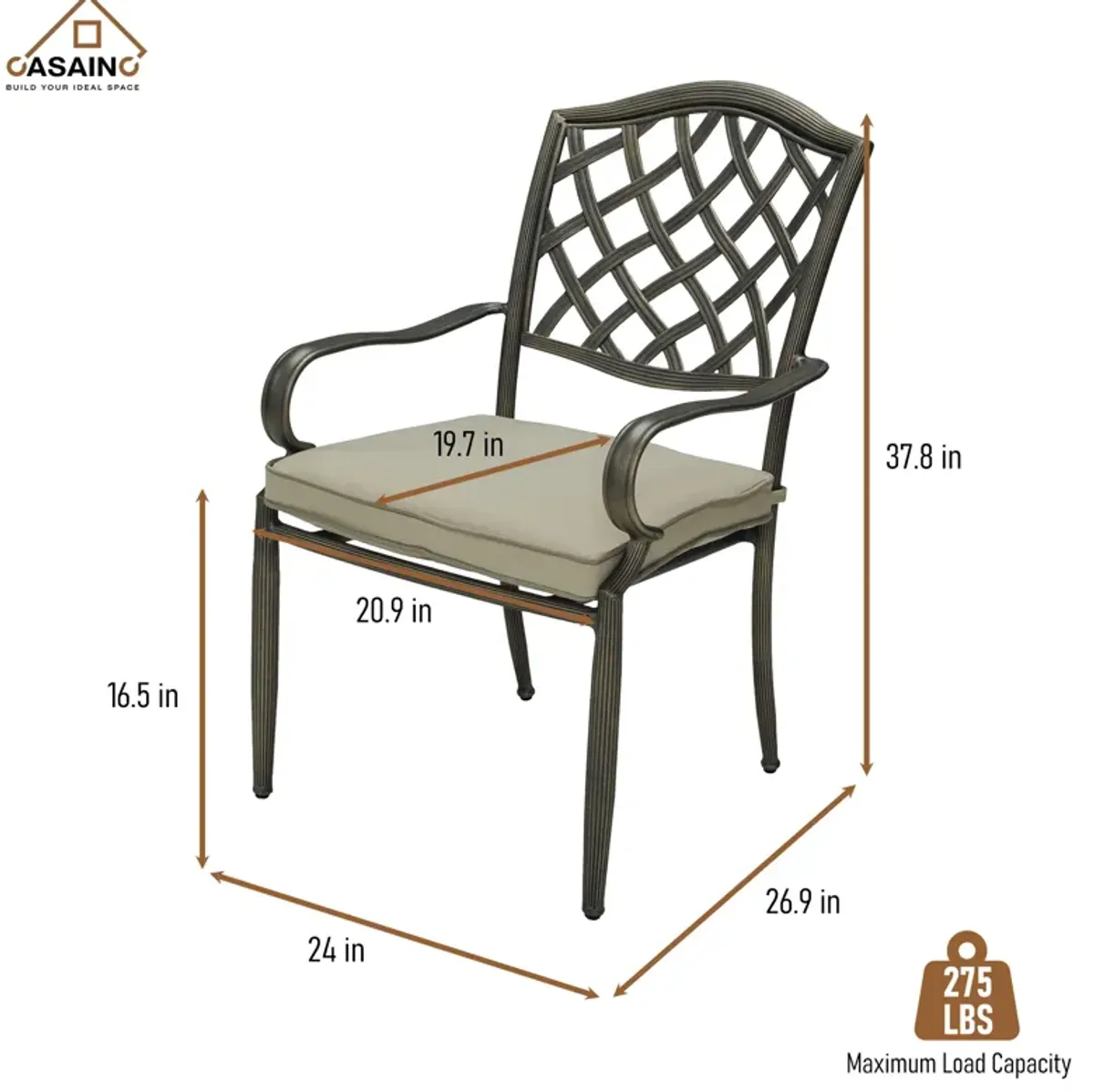 4-Piece Brown Cast Aluminum Outdoor Arm Dining Chair Patio Bistro Chairs with Cushion