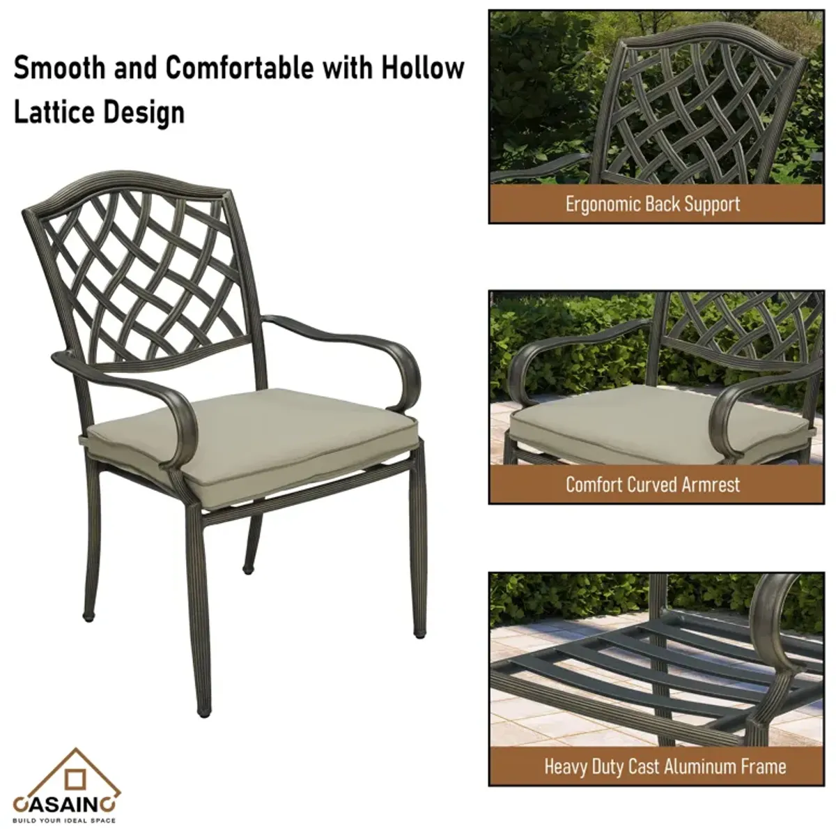 4-Piece Brown Cast Aluminum Outdoor Arm Dining Chair Patio Bistro Chairs with Cushion