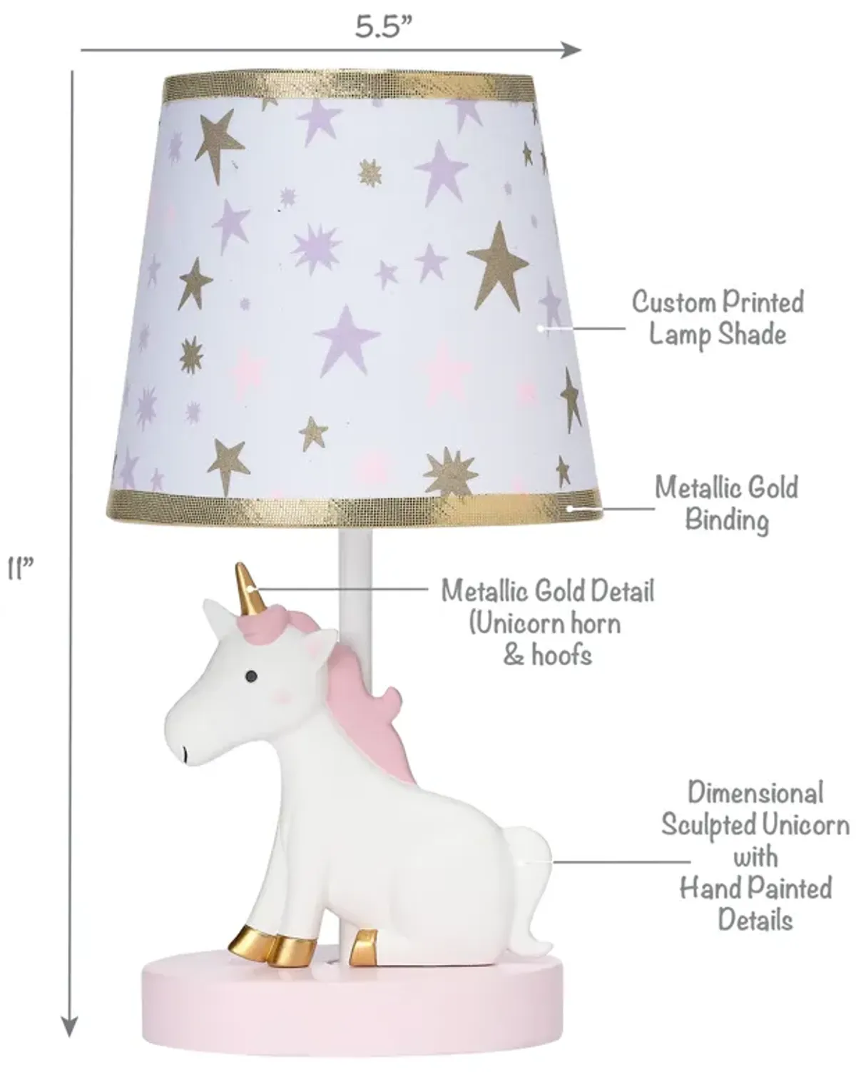 Bedtime Originals Rainbow Unicorn Pink/White Nursery Lamp with Shade & Bulb