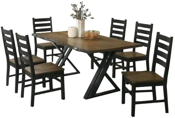 Reby 7pc Dining Table and Chair Set, Rustic Black Metal, Oak Brown - Benzara