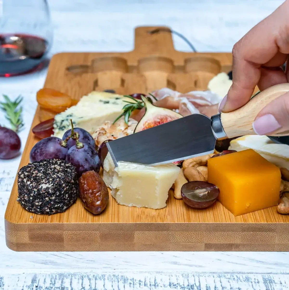 Bamboo Cheese Board and Knife Set - 12x8 inch Charcuterie Board with Magnetic Cutlery Storage - Wood Serving Tray with Handle