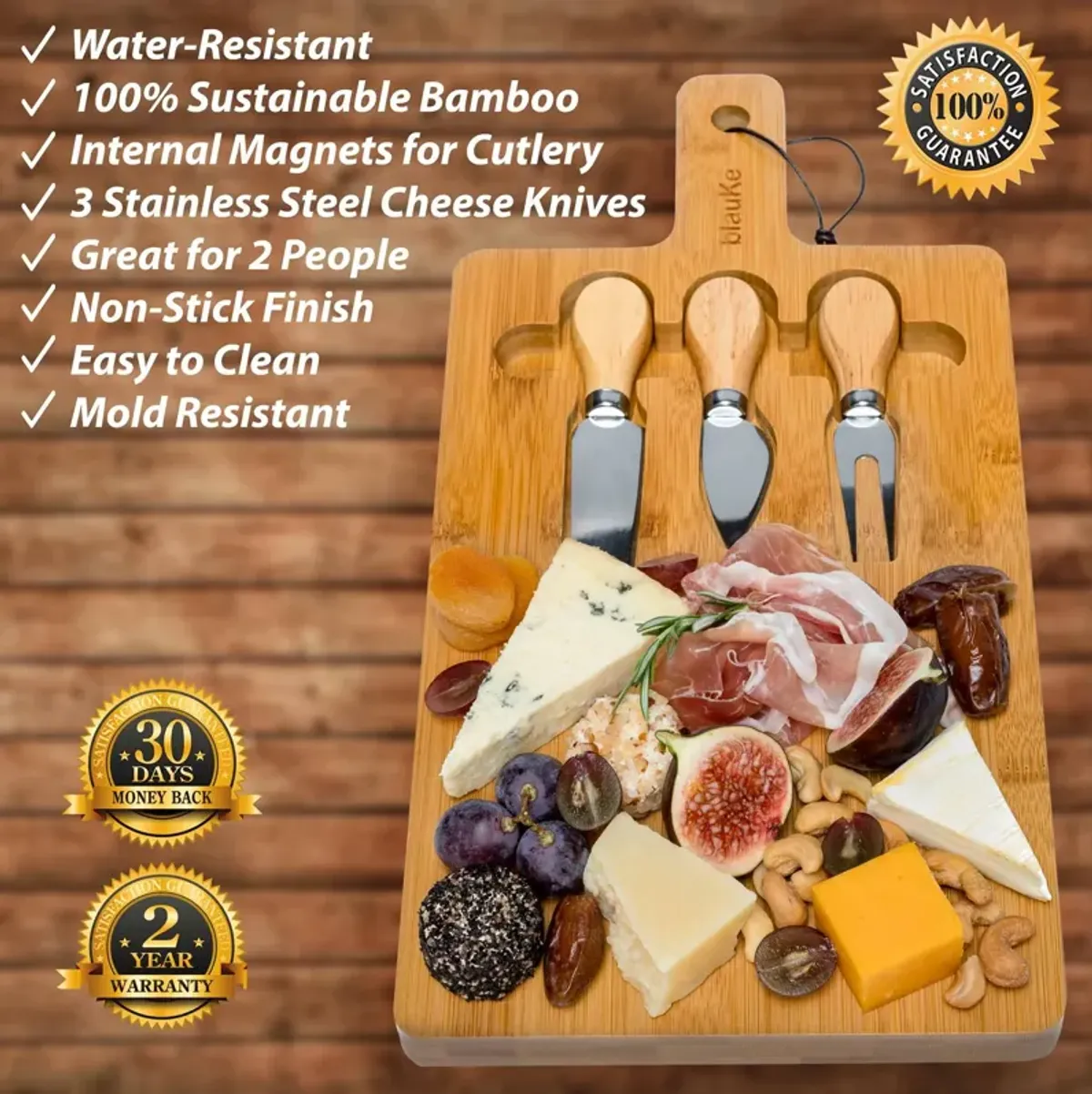 Bamboo Cheese Board and Knife Set - 12x8 inch Charcuterie Board with Magnetic Cutlery Storage - Wood Serving Tray with Handle