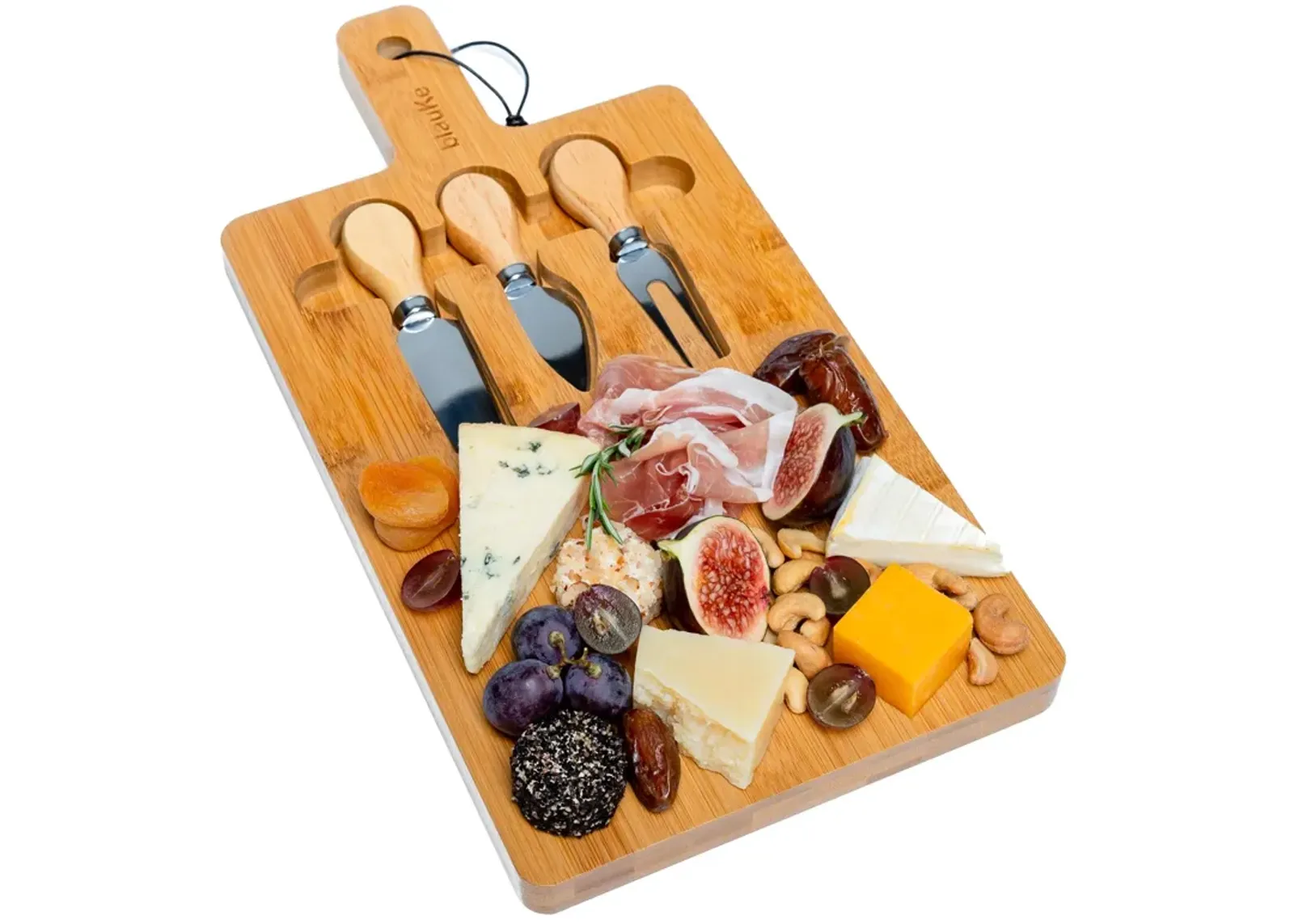 Bamboo Cheese Board and Knife Set - 12x8 inch Charcuterie Board with Magnetic Cutlery Storage - Wood Serving Tray with Handle