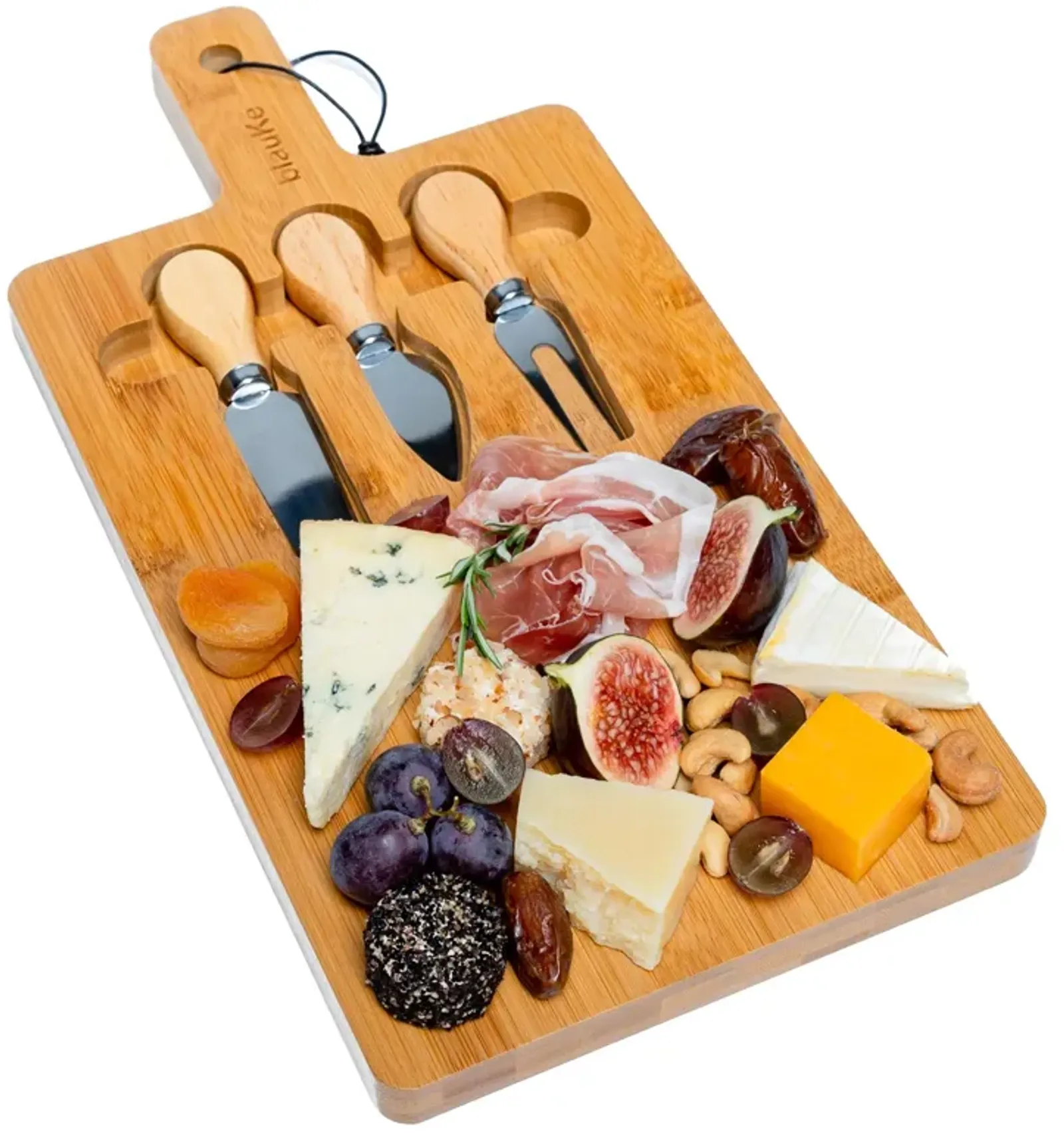 Bamboo Cheese Board and Knife Set - 12x8 inch Charcuterie Board with Magnetic Cutlery Storage - Wood Serving Tray with Handle