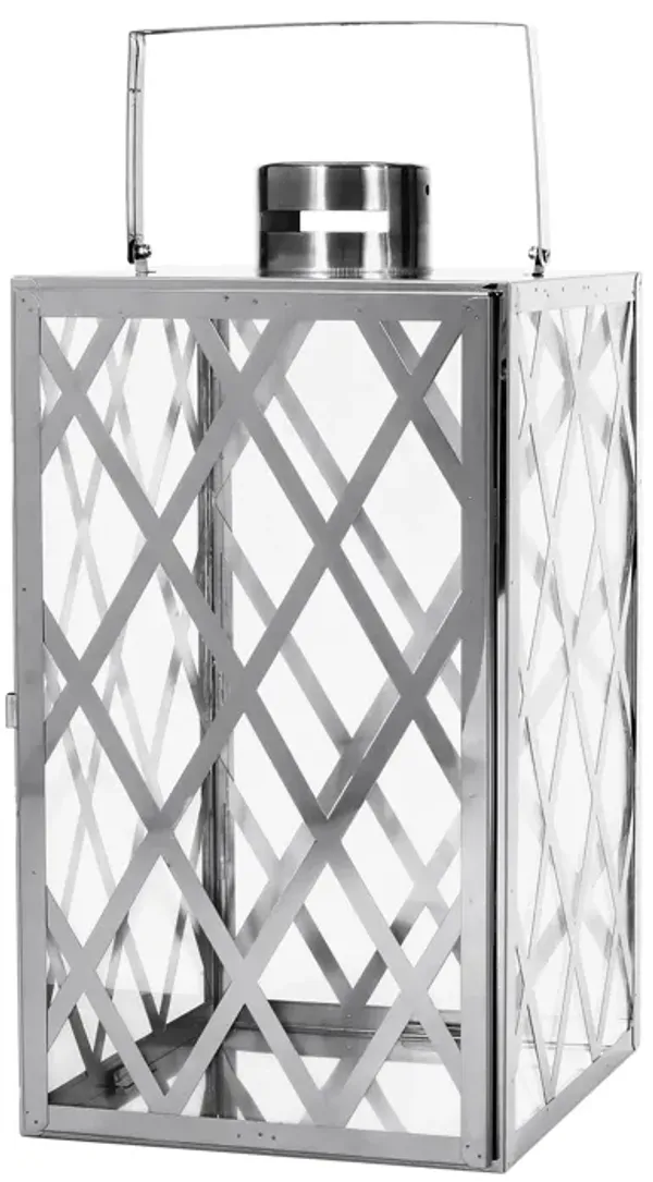 Dove 18 Inch Lantern, Lattice Silver Stainless Steel, Tempered Glass - Benzara