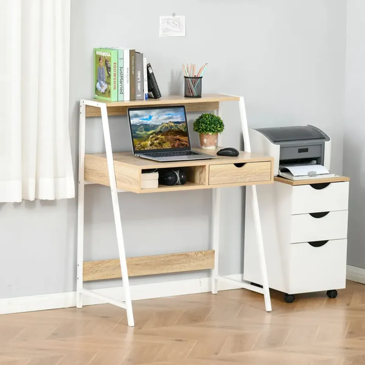 Natural Space Saver: Compact Office Desk with Drawers and Shelves