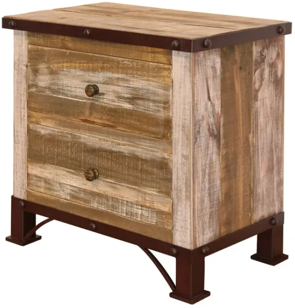Benjara Fena 27 Inch 2 Drawer Nightstand, Microfiber Lined, Rustic Wood, Brown and Multicolor
