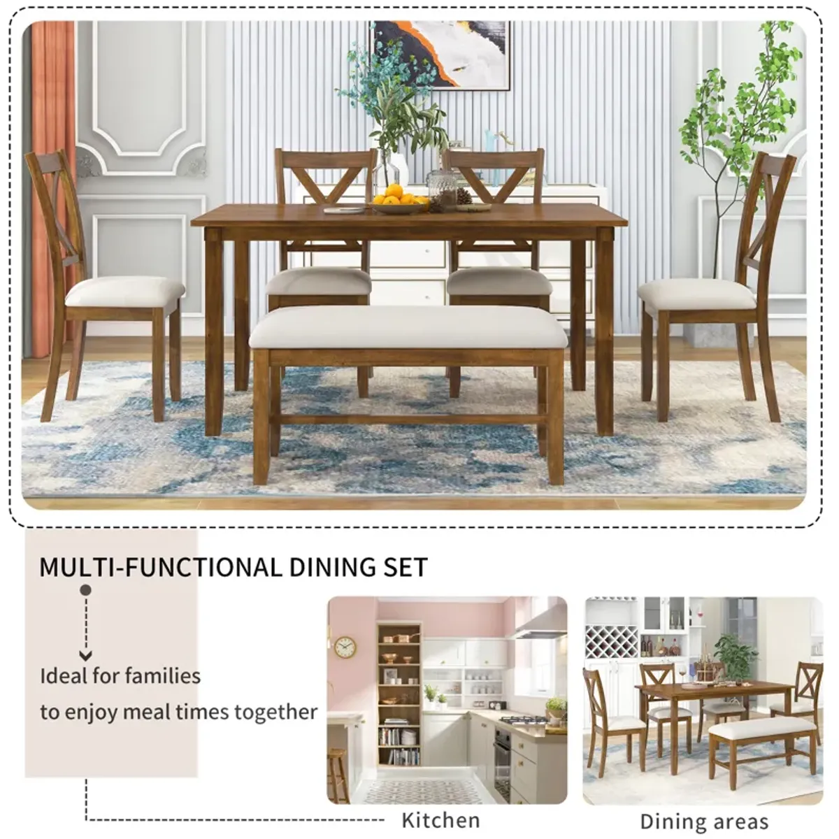 Merax 6-Piece Kitchen Dining Table Set Wooden Rectangular Dining Table, 4 Fabric Chairs and Bench Family Furniture