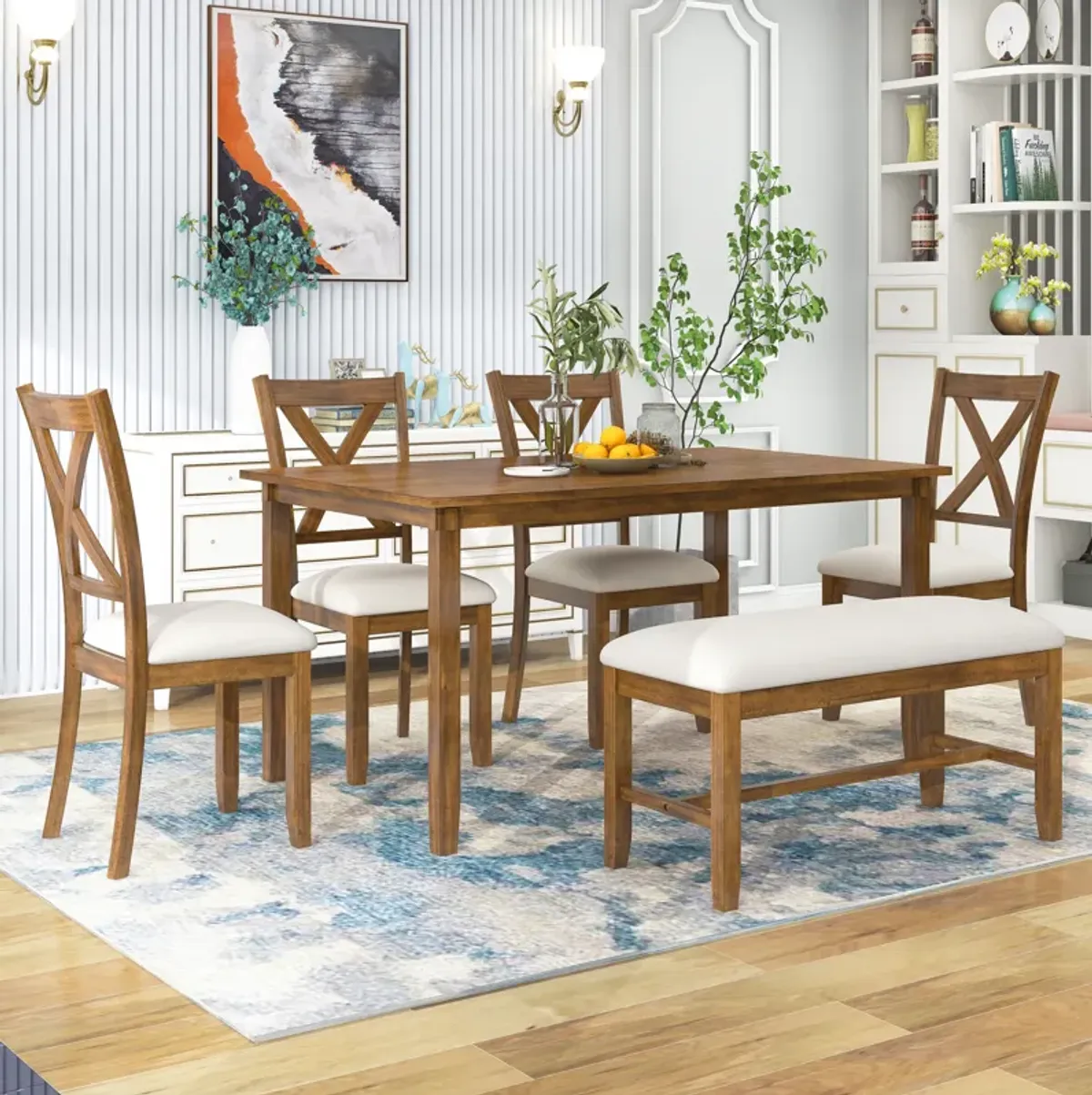 Merax 6-Piece Kitchen Dining Table Set Wooden Rectangular Dining Table, 4 Fabric Chairs and Bench Family Furniture