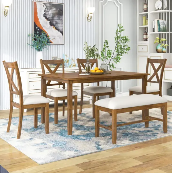 Merax 6-Piece Kitchen Dining Table Set Wooden Rectangular Dining Table, 4 Fabric Chairs and Bench Family Furniture