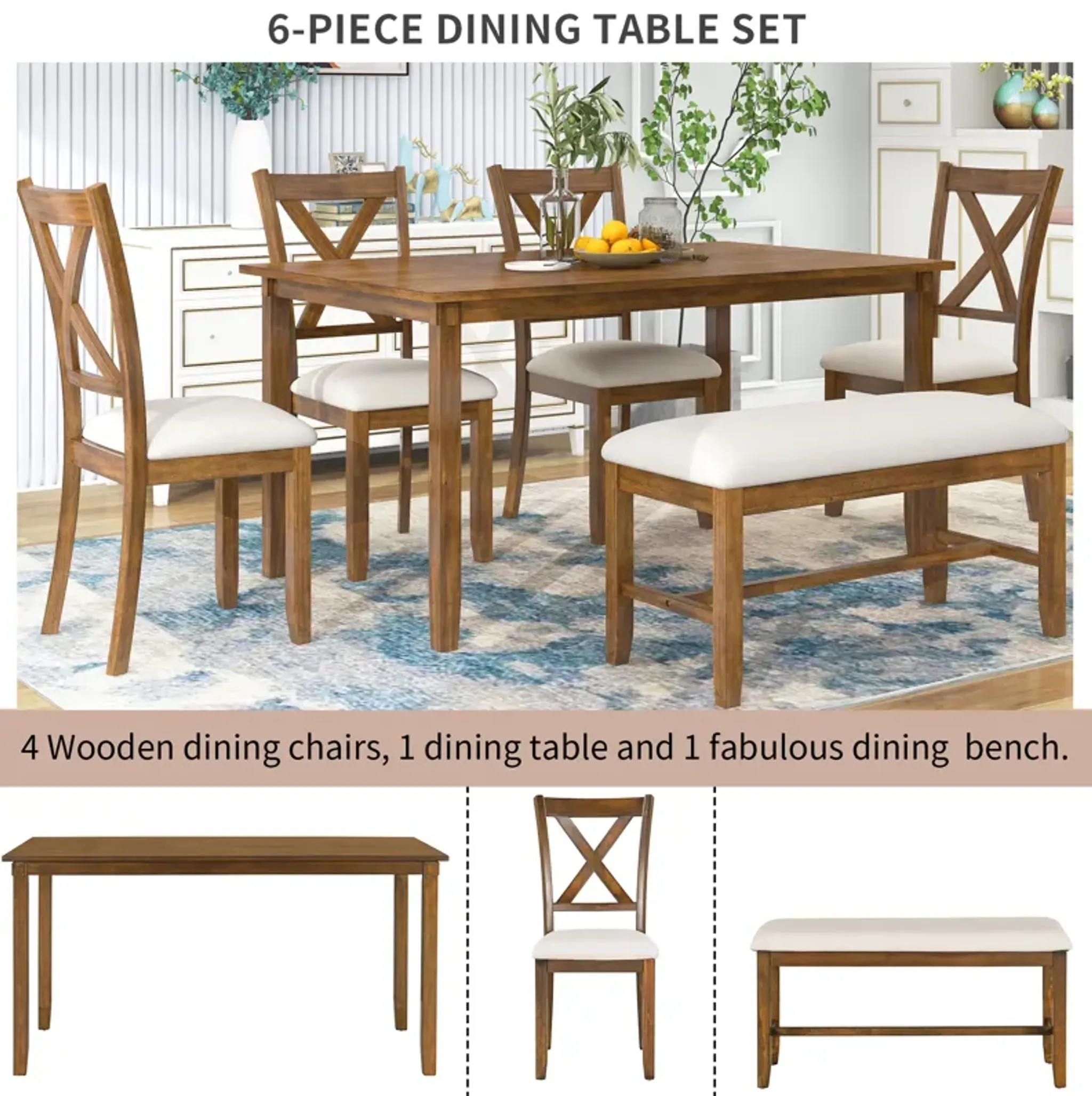 Merax 6 Piece Kitchen Dining Table Set Wooden Rectangular Dining Table ...