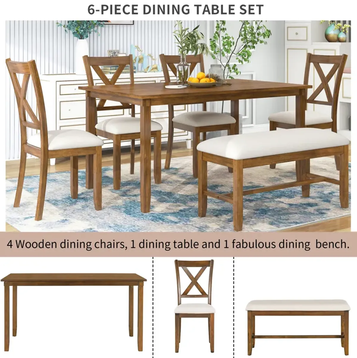 Merax 6-Piece Kitchen Dining Table Set Wooden Rectangular Dining Table, 4 Fabric Chairs and Bench Family Furniture