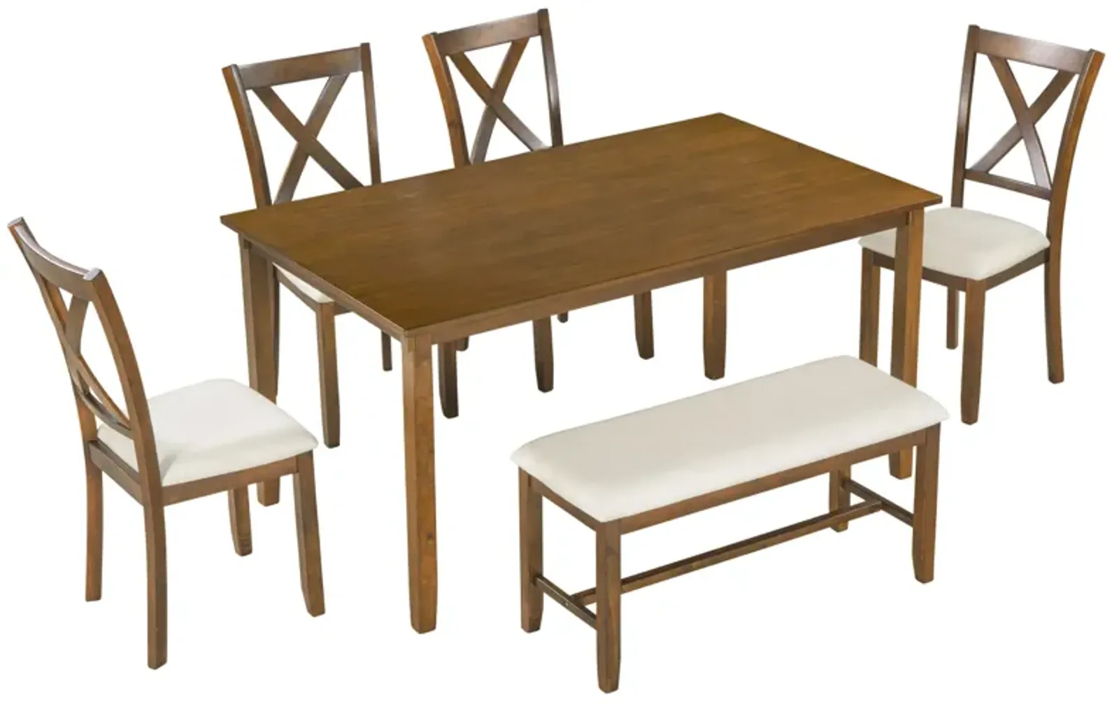 Merax 6-Piece Kitchen Dining Table Set Wooden Rectangular Dining Table, 4 Fabric Chairs and Bench Family Furniture