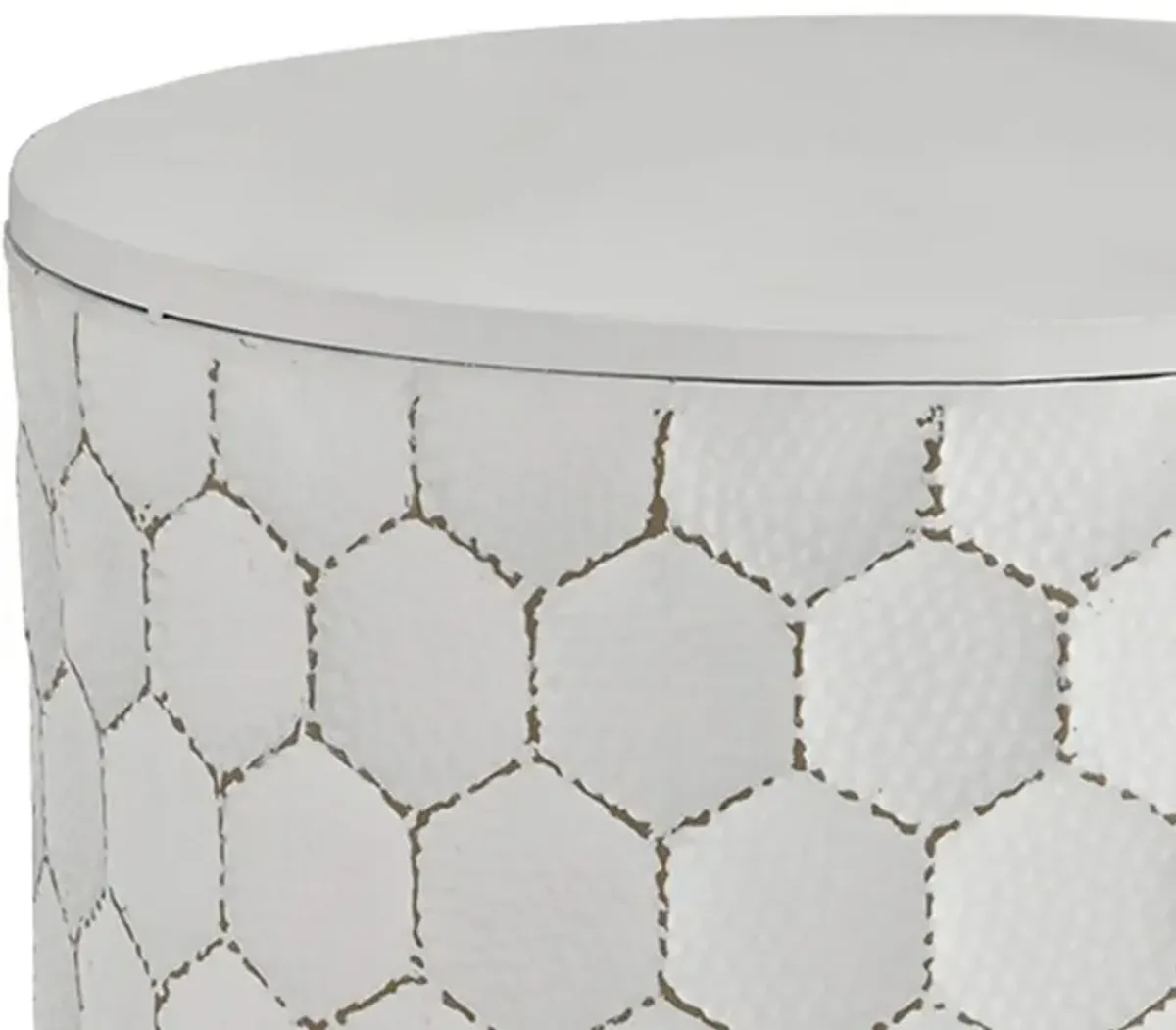 Round Shaped Metal Accent Stool with Honeycomb Pattern, White-Benzara