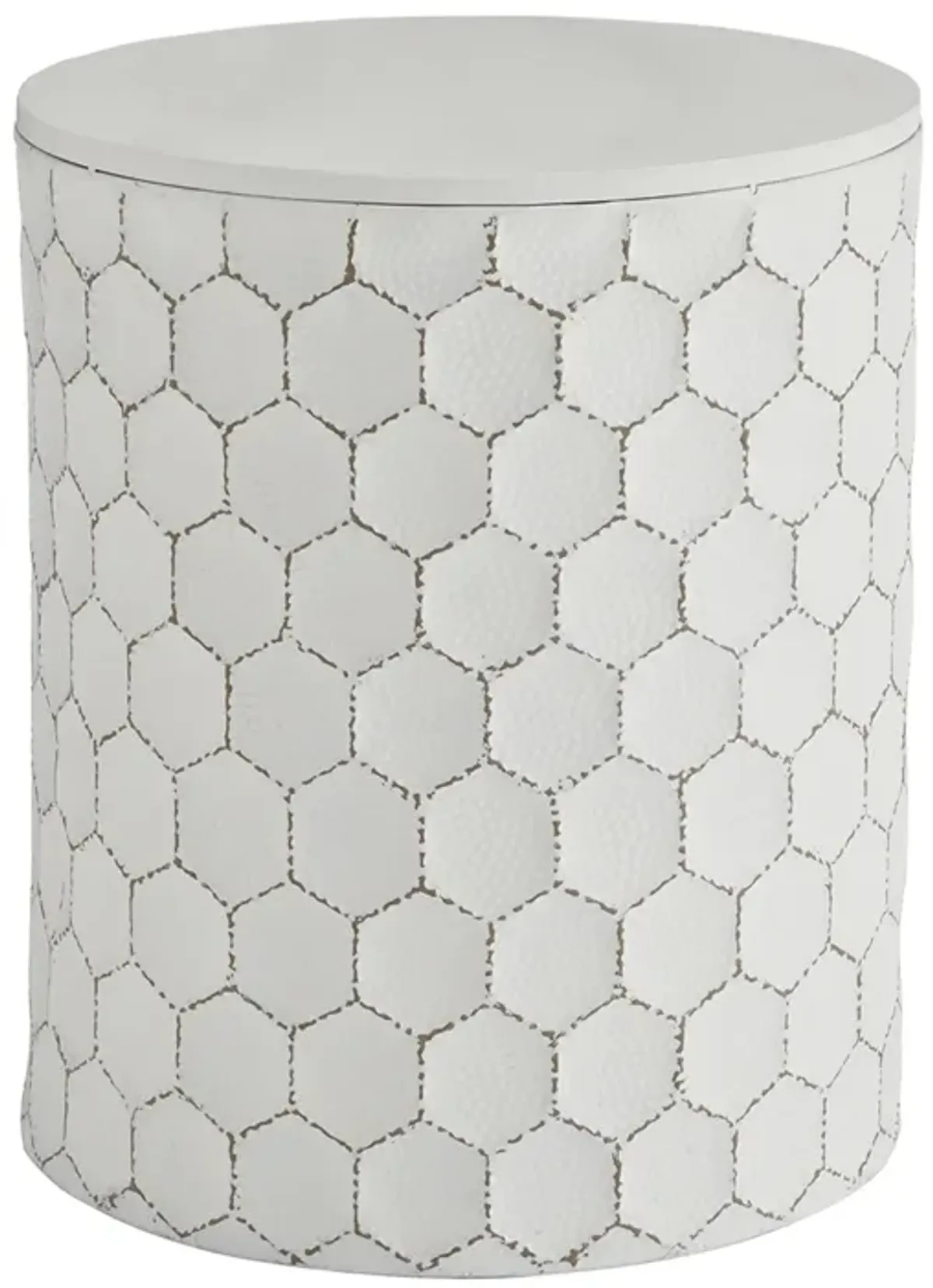 Round Shaped Metal Accent Stool with Honeycomb Pattern, White-Benzara