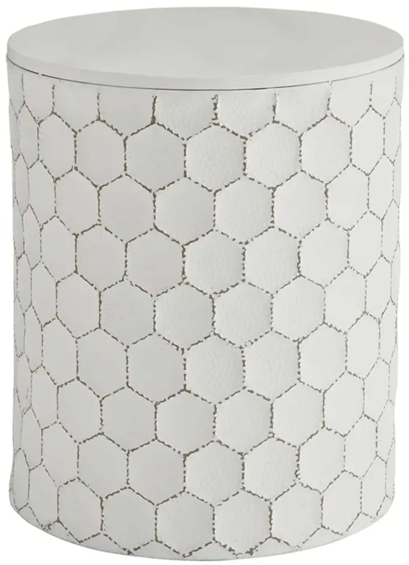 Round Shaped Metal Accent Stool with Honeycomb Pattern, White-Benzara