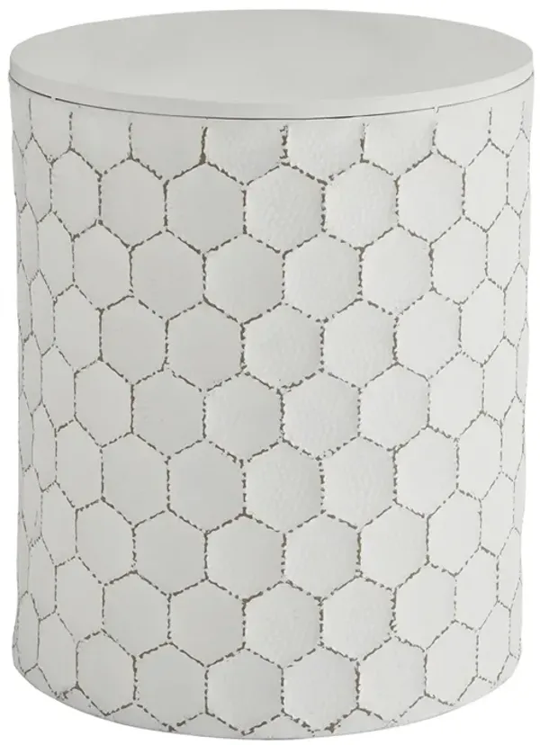 Round Shaped Metal Accent Stool with Honeycomb Pattern, White-Benzara