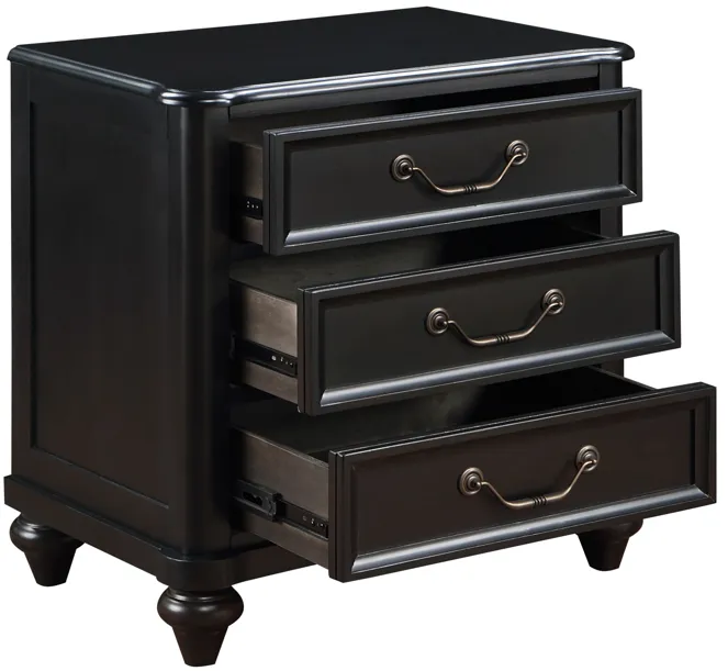 Vix 27 Inch Nightstand, 3 Drawers, Molded Design Pewter Drop Handles, Black - Benzara